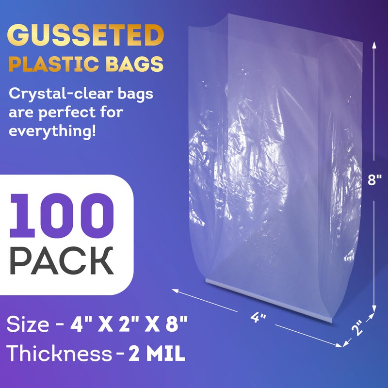 APQ Supply APQ Clear Gusseted Poly Bags, 4 x 2 x 8 Inches. Pack of 100 Waterproof Side Gusseted Plastic Bags with Open Top. 2 Mil Thick Flat Bottom Clear Bag for Packaging Popcorn, Cookies, Bread - Image 2